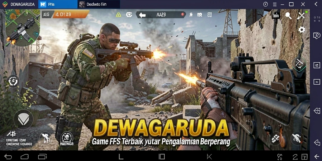 Tangkapan layar utama DEWAGARUDA menampilkan aksi bertempur yang mendebarkan.
