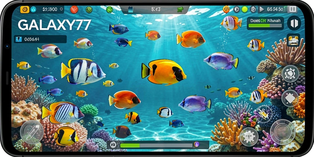 Tampilan gameplay GALAXY77 saat menembak ikan di lautan.