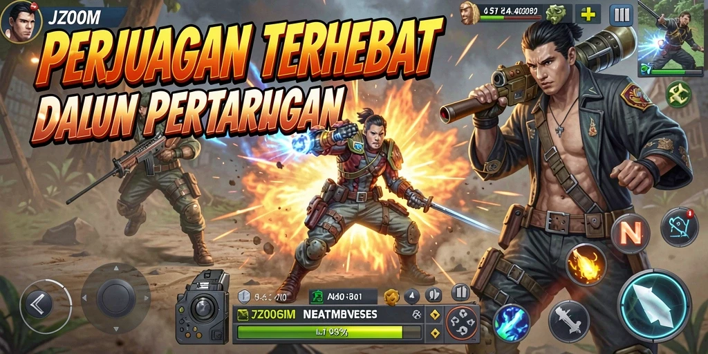 Screenshot J200M menampilkan karakter dalam pertarungan epik yang seru.