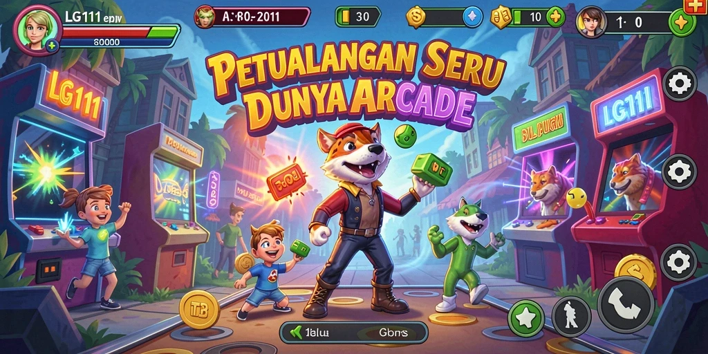 Screenshot utama LG111 menampilkan karakter melawan musuh di level yang penuh warna.