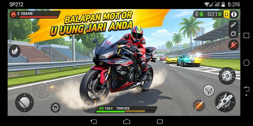 Screenshot gameplay SP212 menampilkan aksi balapan motor yang mendebarkan.