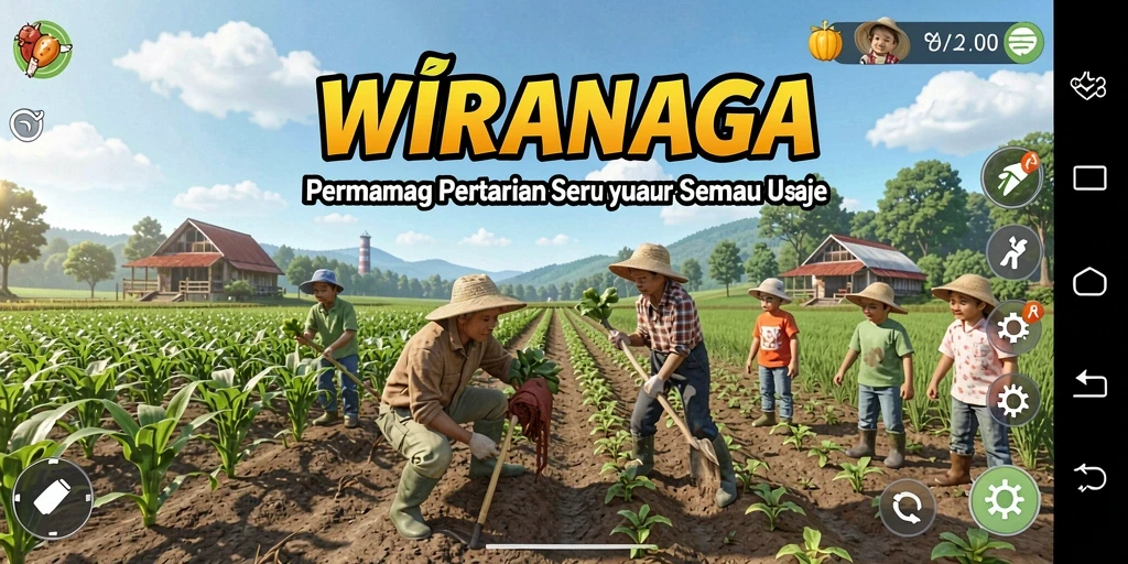 Tampilan utama gameplay WIRANAGA yang menampilkan aktivitas bertani.