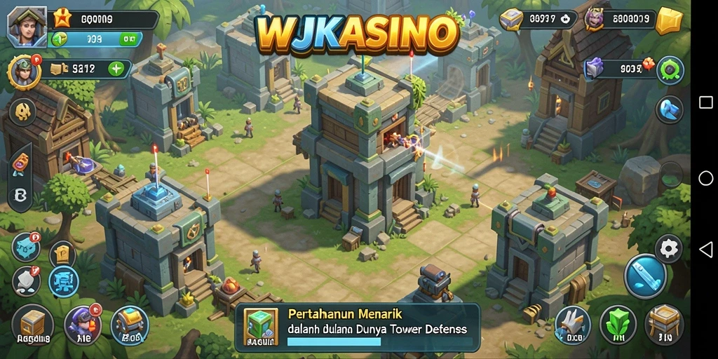 Tampilan gameplay seru dalam WJKASINO dengan menara dan musuh yang menarik.