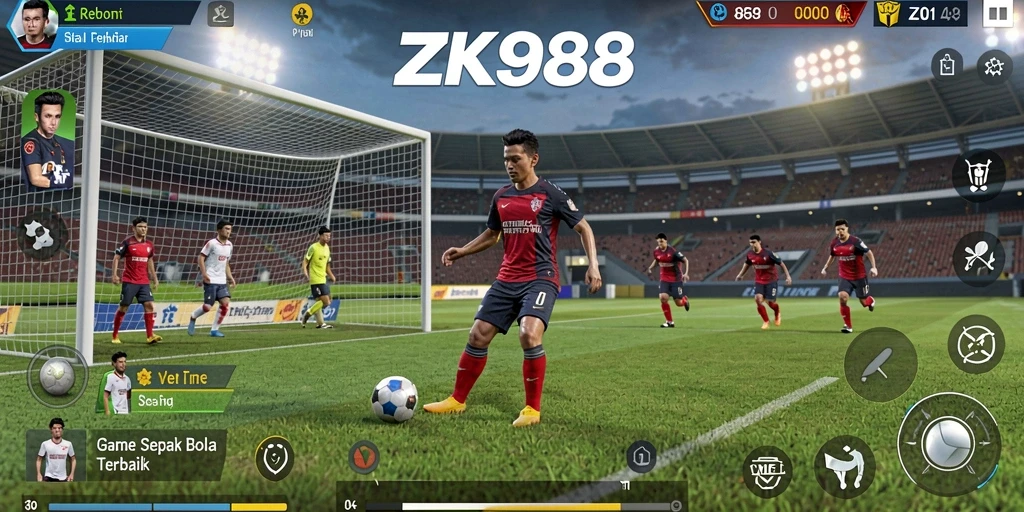 Tampilan gameplay ZK988 yang menampilkan aksi sepak bola yang seru.